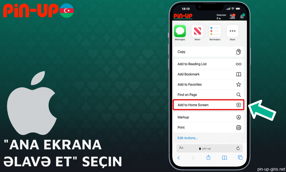 Pin Up tətbiqini yükləmək üçün "Ana ekrana əlavə et" seçin