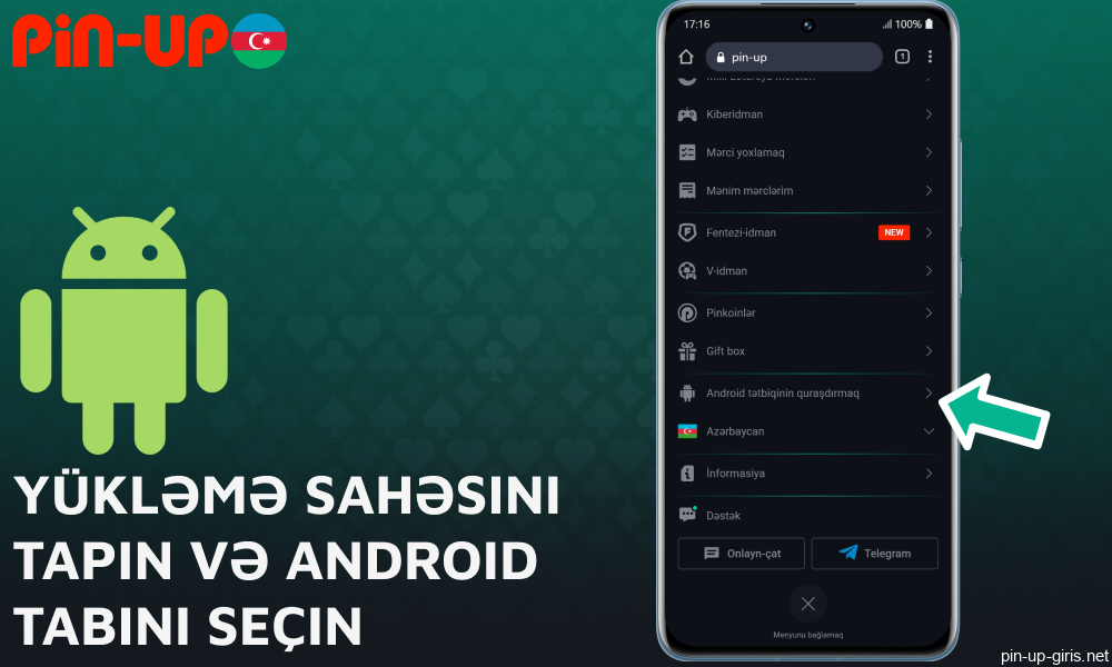 Yükləmə bölməsini tapın və Pin Up-da Android sekmesini seçin